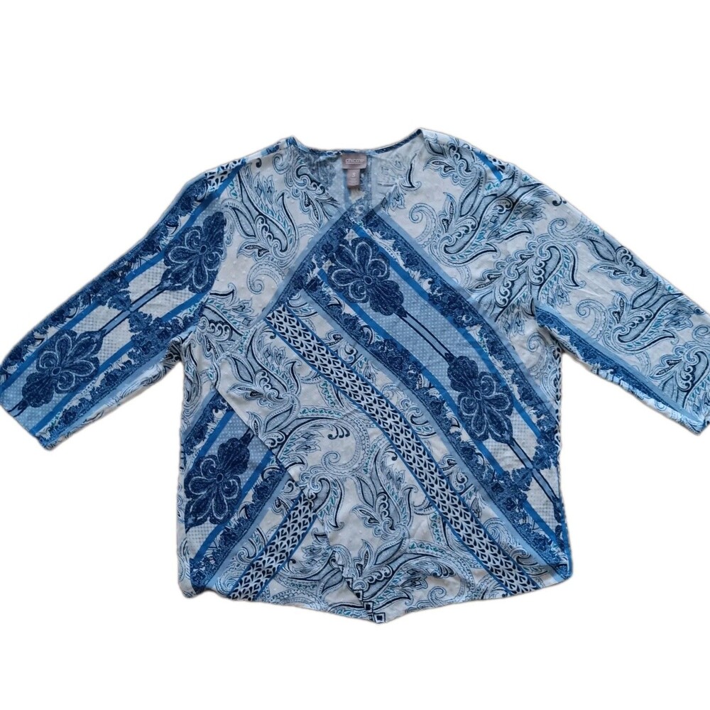 Chicos 3 Women XL Open Wrap Top Blue Paisley 3/4 Sleeve Embroidered VNeck Beachy